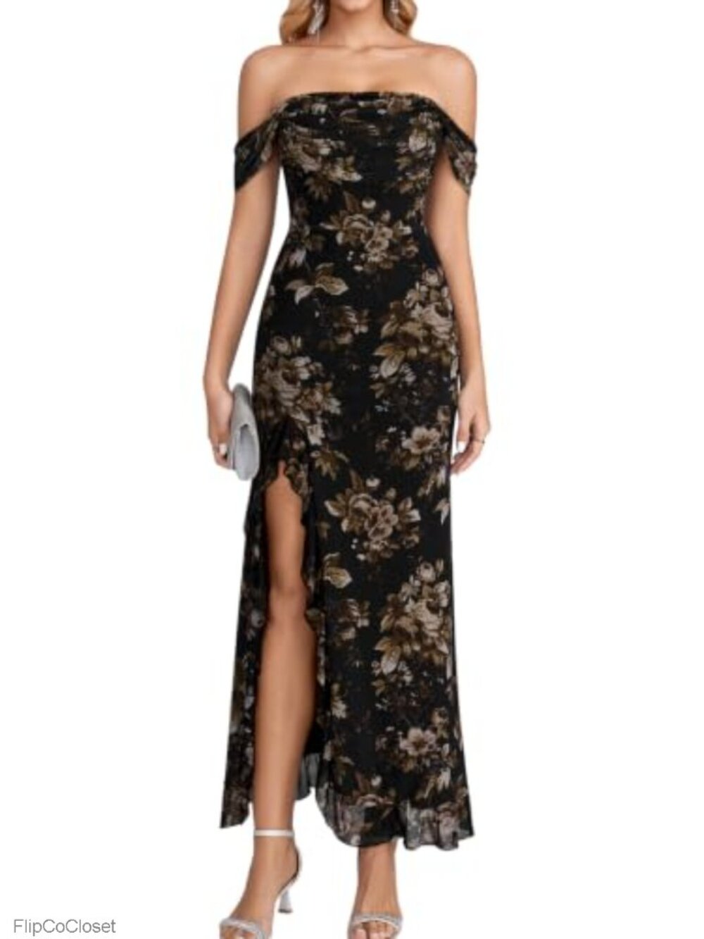 Off Shoulder Ruffle Maxi Dress Sleeveless Bodycon Formal Wedding Guest